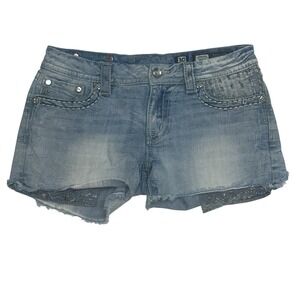 Miss Me Cut Off Embroidered‎ & Bling Denim Shorts Size 30 Raw Hem Low Rise Y2K